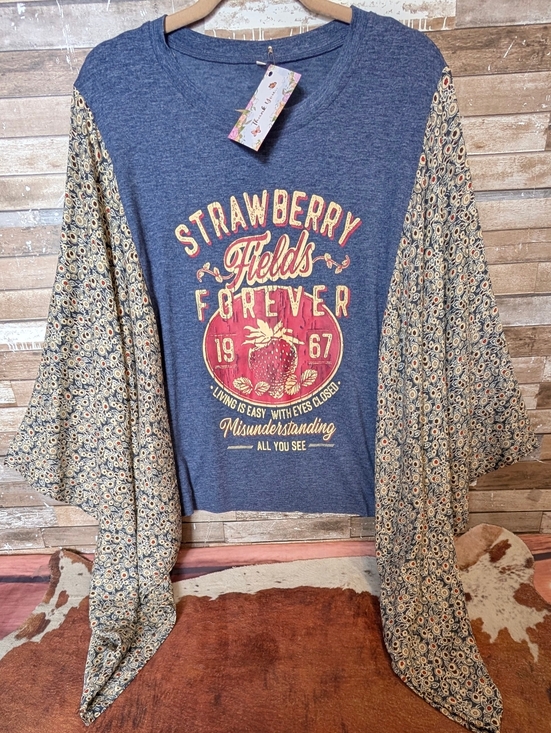 Hand Crafted Tops - The Beatles Strawberry Fields Graphic W Boho Bat Winged Sleeves